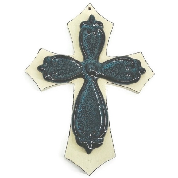 Artisan 3D Layered Ceramic and Wood Crucifix Emerald Green Wall Hanging Cross - Picture 1 of 9